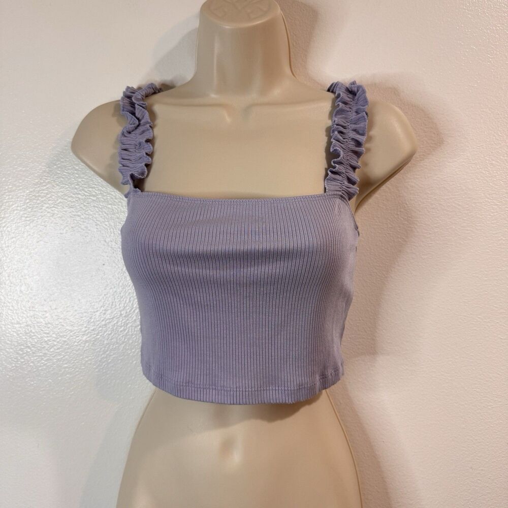 Aritzia Sunday Best Crop Tank Top M Lilac Purple Ruffle Ribbed Square Neck